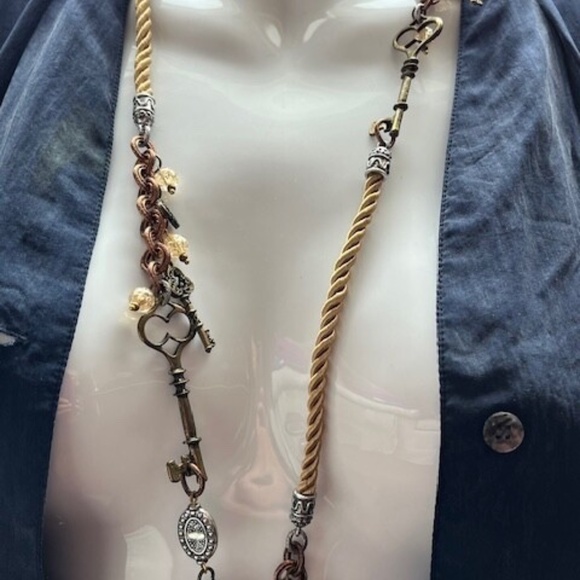 TRESKA Long Necklace Boho Bronze Color Copper Tone Silver Tone Brown Key Cord - Picture 3 of 6